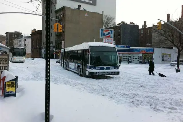 An abandoned bus stuck on Second Avenue and First Street earlier this morning.